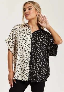 Women's Monochrome Heart Print Short Sleeve Shirt with Button Up Front and Contrast Colors, Regular Fit