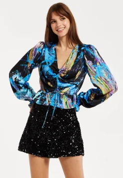 Women’s Multicolour Abstract Print Top - V Neck, Ruched Front, Crop Fit, Long Sleeves, Frill Details