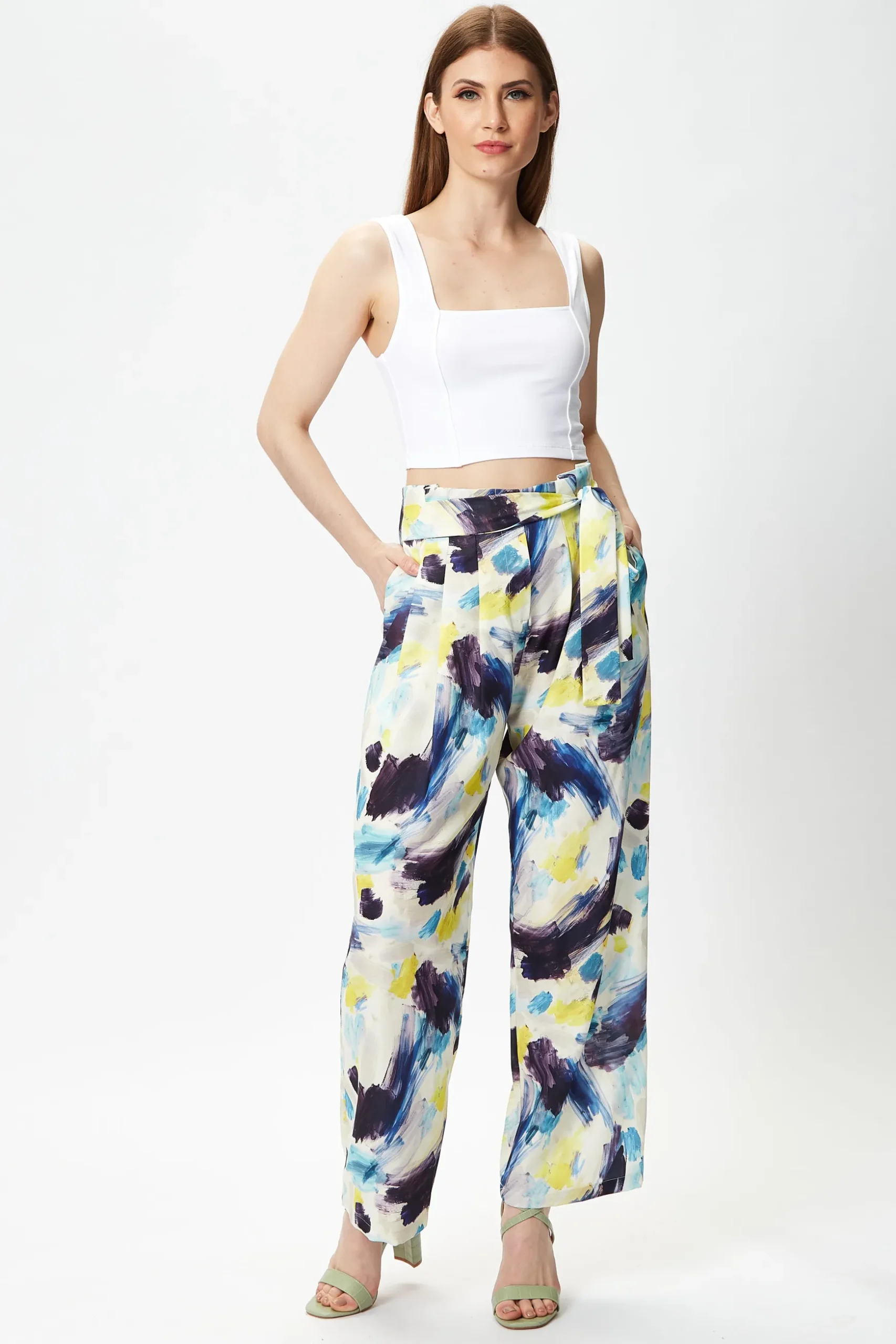 Women's Multicolour Abstract Print High Rise Trousers with Matching Tie Waist and Flattering Fit
