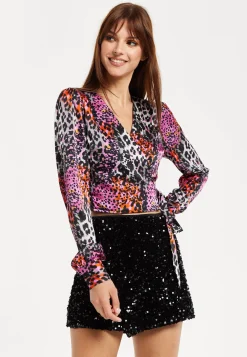 Women's Multicolour Animal Print Wrap Top with Long Sleeves, Deep V-Neckline, and Matching Tie Waist. Perfect for Day Out!