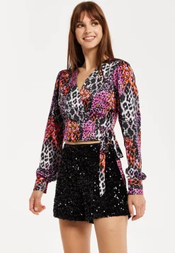 Women's Multicolour Animal Print Wrap Top with Long Sleeves, Deep V-Neckline, and Matching Tie Waist. Perfect for Day Out!