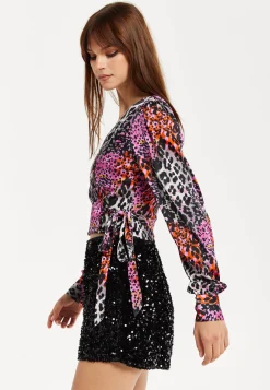 Women's Multicolour Animal Print Wrap Top with Long Sleeves, Deep V-Neckline, and Matching Tie Waist. Perfect for Day Out!