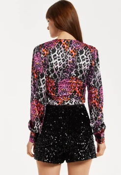 Women's Multicolour Animal Print Wrap Top with Long Sleeves, Deep V-Neckline, and Matching Tie Waist. Perfect for Day Out!