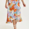 Women's Multicolour Floral Print Midi Wrap Skirt with Frill Details and Asymmetrical Hem by Liquorish