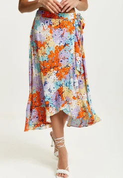 Women's Multicolour Floral Print Midi Wrap Skirt with Frill Details and Asymmetrical Hem by Liquorish