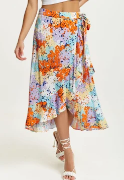 Women's Multicolour Floral Print Midi Wrap Skirt with Frill Details and Asymmetrical Hem by Liquorish