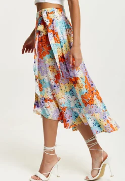 Women's Multicolour Floral Print Midi Wrap Skirt with Frill Details and Asymmetrical Hem by Liquorish