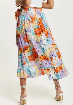 Women's Multicolour Floral Print Midi Wrap Skirt with Frill Details and Asymmetrical Hem by Liquorish