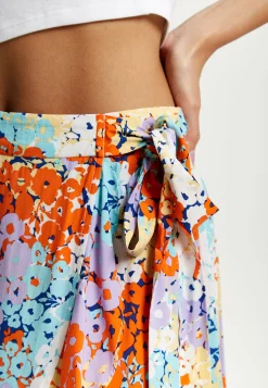Women's Multicolour Floral Print Midi Wrap Skirt with Frill Details and Asymmetrical Hem by Liquorish