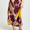 Women's Mustard and Burgundy Geometric Floral Print Midi Skirt with Elasticated Waistband by Liquorish