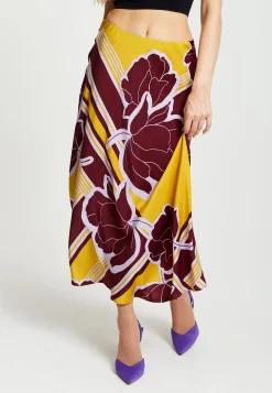Women's Mustard and Burgundy Geometric Floral Print Midi Skirt with Elasticated Waistband by Liquorish