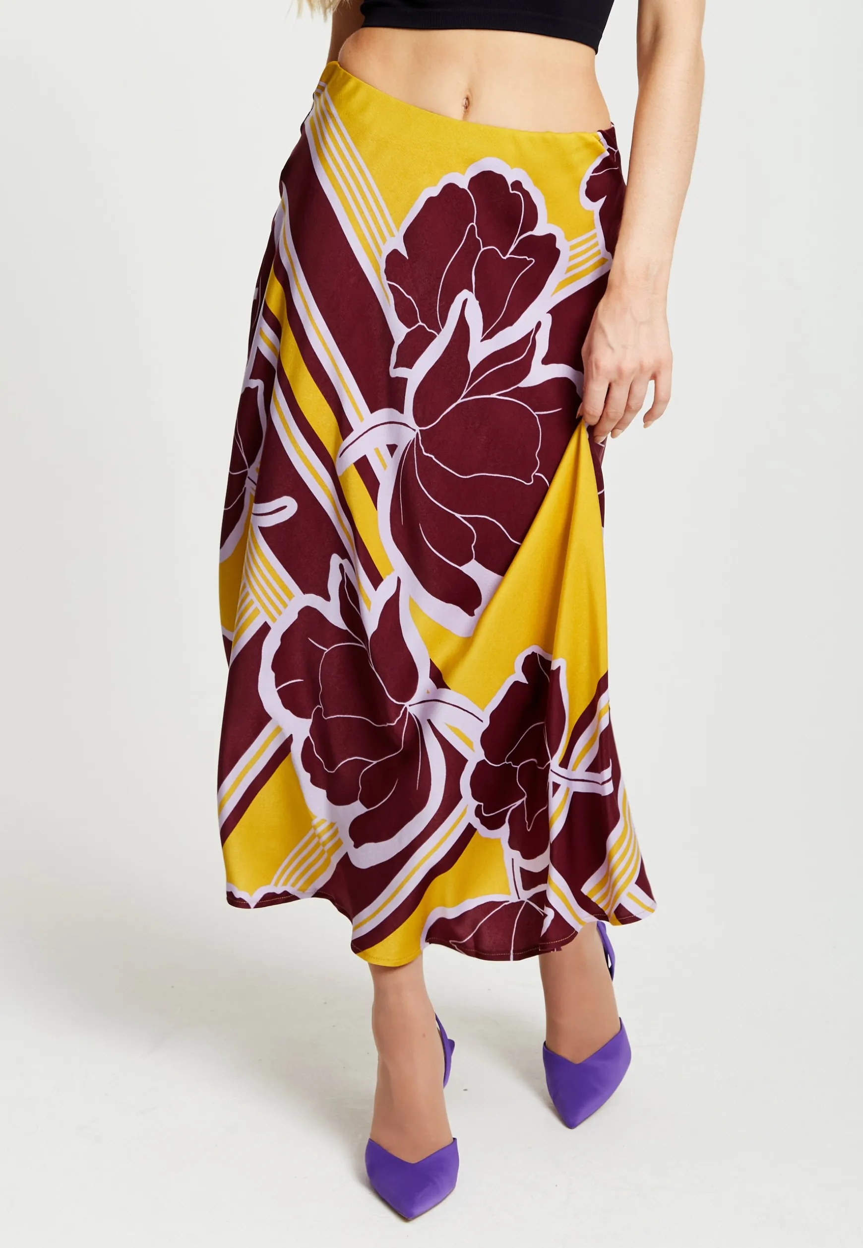 Women's Mustard and Burgundy Geometric Floral Print Midi Skirt with Elasticated Waistband by Liquorish