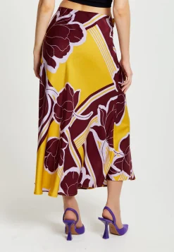 Women's Mustard and Burgundy Geometric Floral Print Midi Skirt with Elasticated Waistband by Liquorish