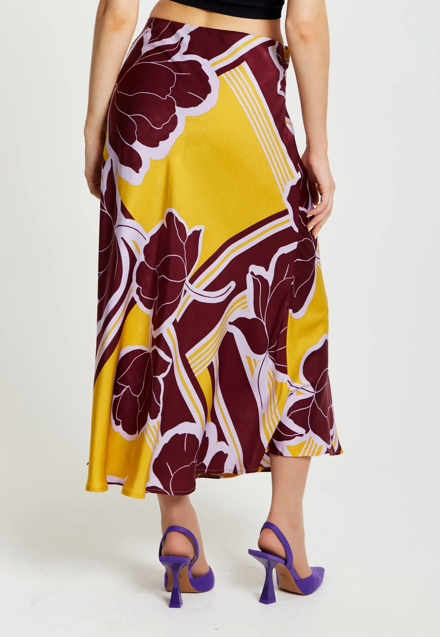 Women's Mustard and Burgundy Geometric Floral Print Midi Skirt with Elasticated Waistband by Liquorish