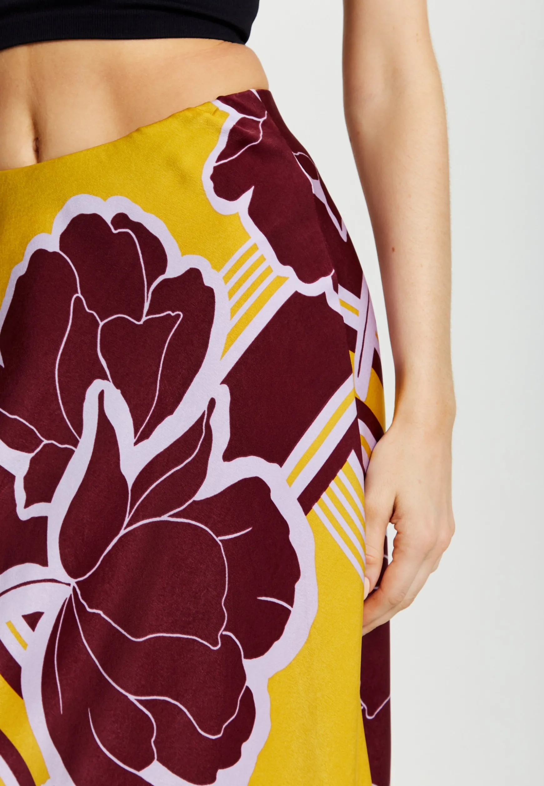 Women's Mustard and Burgundy Geometric Floral Print Midi Skirt with Elasticated Waistband by Liquorish