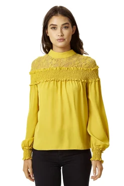 Women's Mustard Long Sleeve Top with Lace Details, High Neck, Tie Back, Regular Fit, Elegant and Stylish