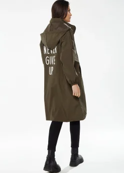 Women's Never Give Up Parka in Khaki with Full-Length Sleeves, Eye-Catching Embroidery, and Practical Side Pockets