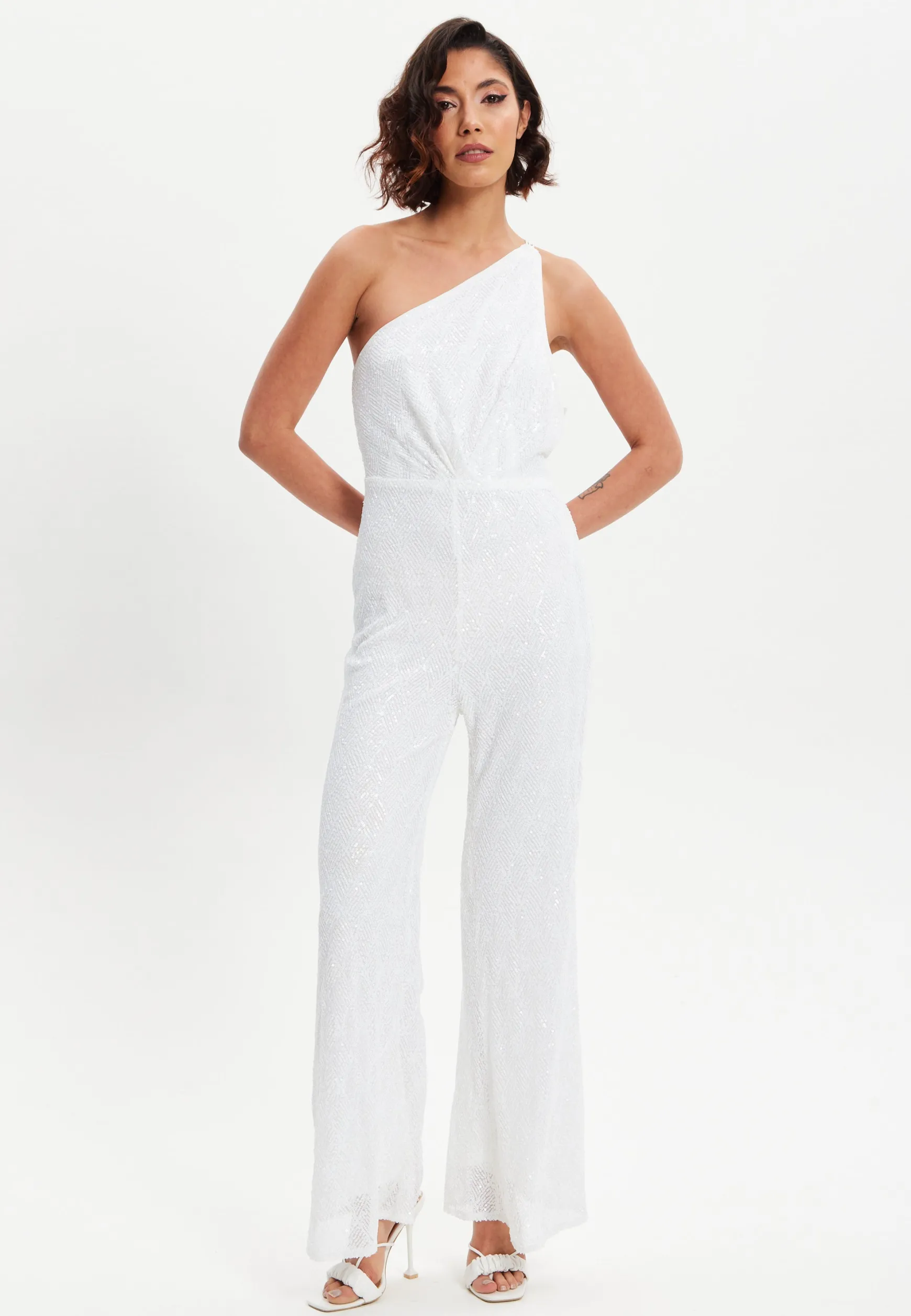 Women's One Shoulder Backless Sequin Jersey Jumpsuit with Straight Leg, Elasticated Waist - Liquorish