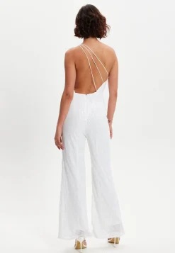 Women's One Shoulder Backless Sequin Jersey Jumpsuit with Straight Leg, Elasticated Waist - Liquorish