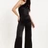 Women’s One Shoulder Slim Fit Black Jumpsuit with Fur Detail and Ruched Bodice - Liquorish