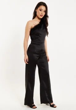 Women’s One Shoulder Slim Fit Black Jumpsuit with Fur Detail and Ruched Bodice - Liquorish