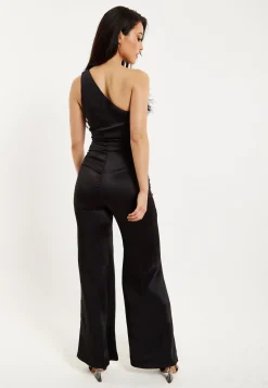 Women’s One Shoulder Slim Fit Black Jumpsuit with Fur Detail and Ruched Bodice - Liquorish
