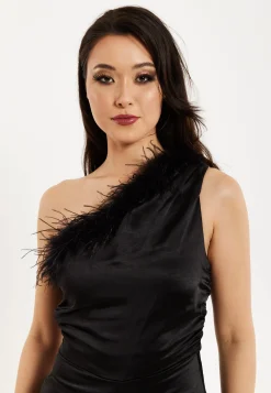 Women’s One Shoulder Slim Fit Black Jumpsuit with Fur Detail and Ruched Bodice - Liquorish