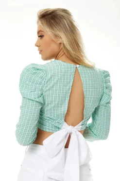Women's Open Back Crop Top in Green - Cropped length, 3/4 sleeves, high neck, tie detail back. Available in UK sizes S- L.