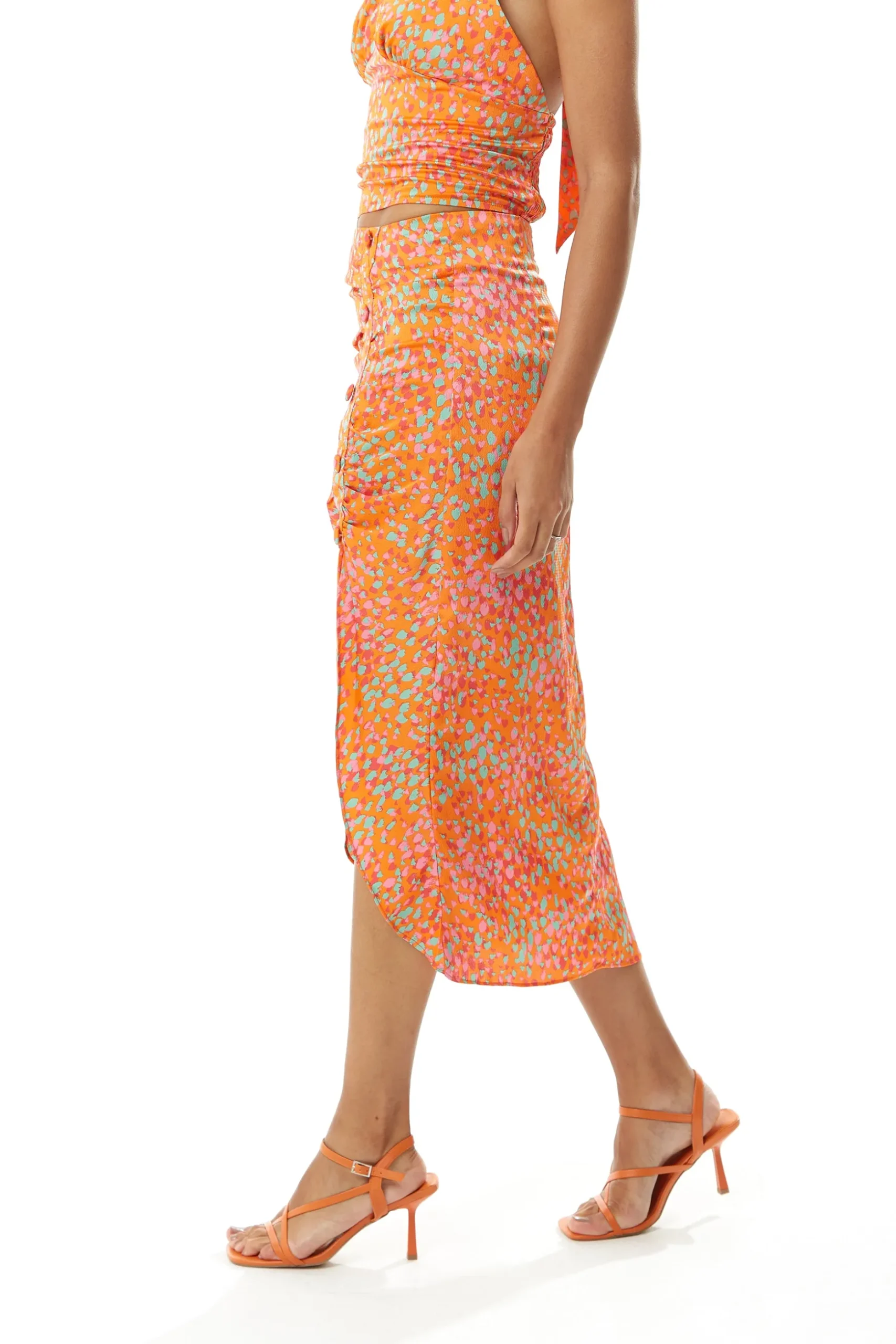 Women's Orange Print Midi Skirt with Side Slit and Fake Buttons - Perfect for Summer Holidays by Liquorish