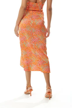 Women's Orange Print Midi Skirt with Side Slit and Fake Buttons - Perfect for Summer Holidays by Liquorish
