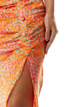 Women's Orange Print Midi Skirt with Side Slit and Fake Buttons - Perfect for Summer Holidays by Liquorish