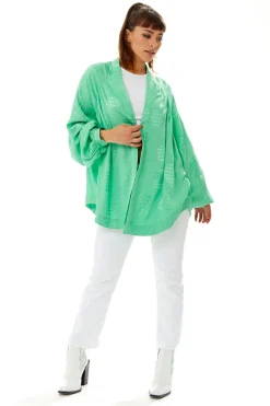 Women's Oversized Long Sleeve Green Jacquard Kimono with Open Front Design and Elegant Texture for Effortless Style