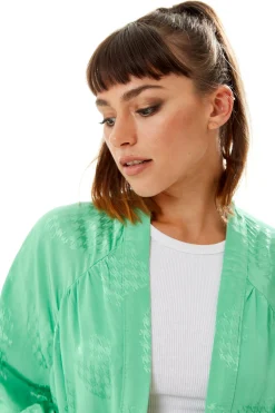 Women's Oversized Long Sleeve Green Jacquard Kimono with Open Front Design and Elegant Texture for Effortless Style