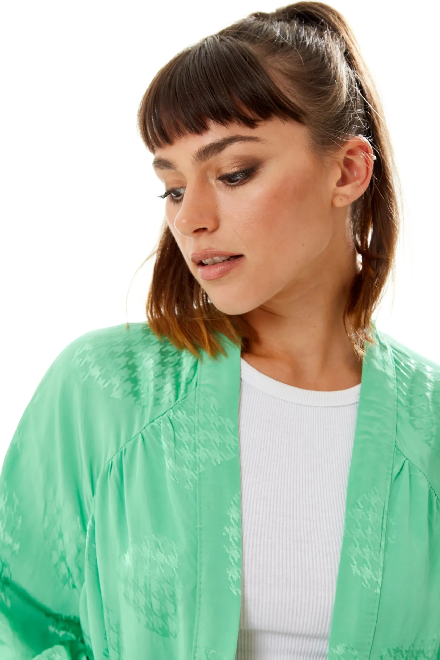 Women's Oversized Long Sleeve Green Jacquard Kimono with Open Front Design and Elegant Texture for Effortless Style