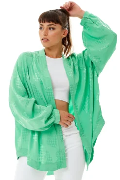 Women's Oversized Long Sleeve Green Jacquard Kimono with Open Front Design and Elegant Texture for Effortless Style