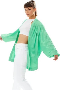 Women's Oversized Long Sleeve Green Jacquard Kimono with Open Front Design and Elegant Texture for Effortless Style