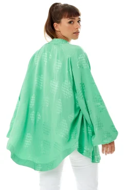 Women's Oversized Long Sleeve Green Jacquard Kimono with Open Front Design and Elegant Texture for Effortless Style