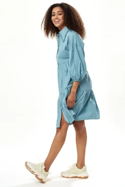 Women's Oversized Midi Shirt Dress, Blue, Button-Up Front, 3/4 Sleeve, Chic Collar
