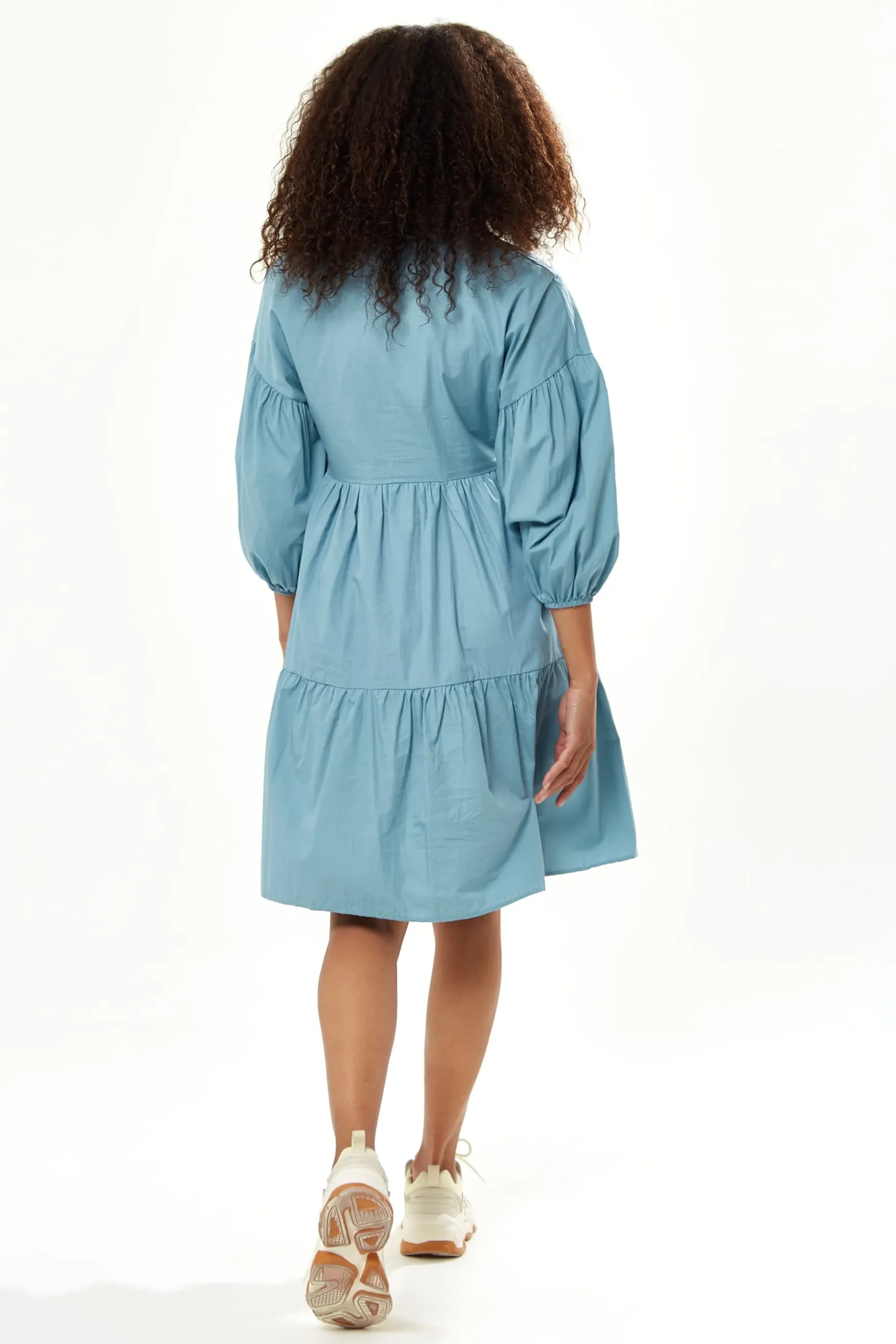 Women's Oversized Midi Shirt Dress, Blue, Button-Up Front, 3/4 Sleeve, Chic Collar