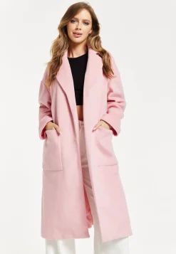 Women’s Pink Longline Coat with Notch Collar and Tie Waist – Relaxed Fit, Side Pockets, Fits Large to Size, Liquorish