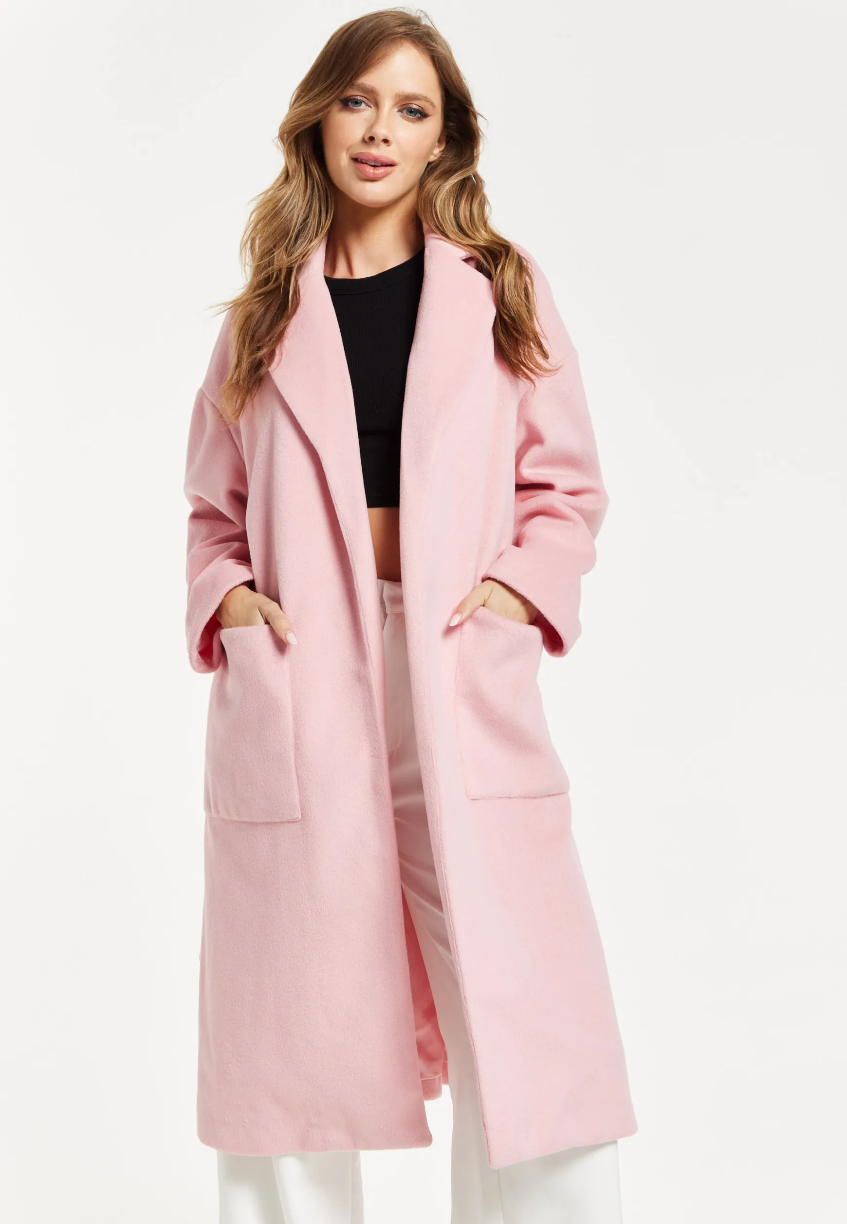 Women’s Pink Longline Coat with Notch Collar and Tie Waist – Relaxed Fit, Side Pockets, Fits Large to Size, Liquorish