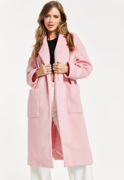 Women’s Pink Longline Coat with Notch Collar and Tie Waist – Relaxed Fit, Side Pockets, Fits Large to Size, Liquorish