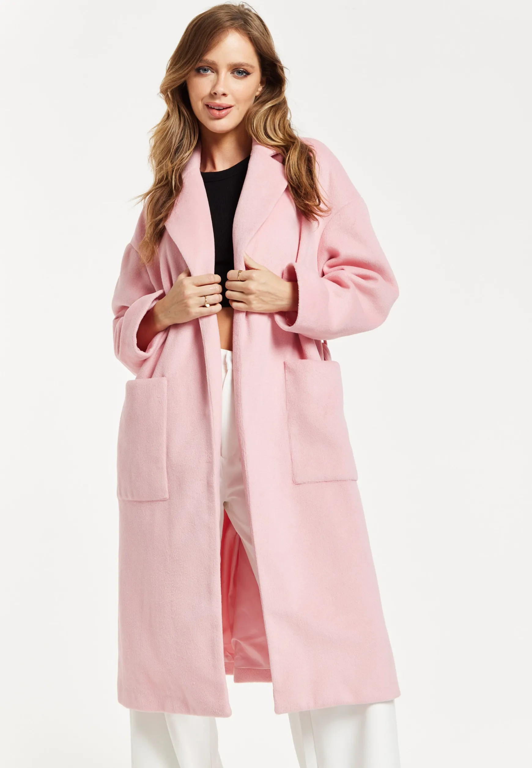 Women’s Pink Longline Coat with Notch Collar and Tie Waist – Relaxed Fit, Side Pockets, Fits Large to Size, Liquorish