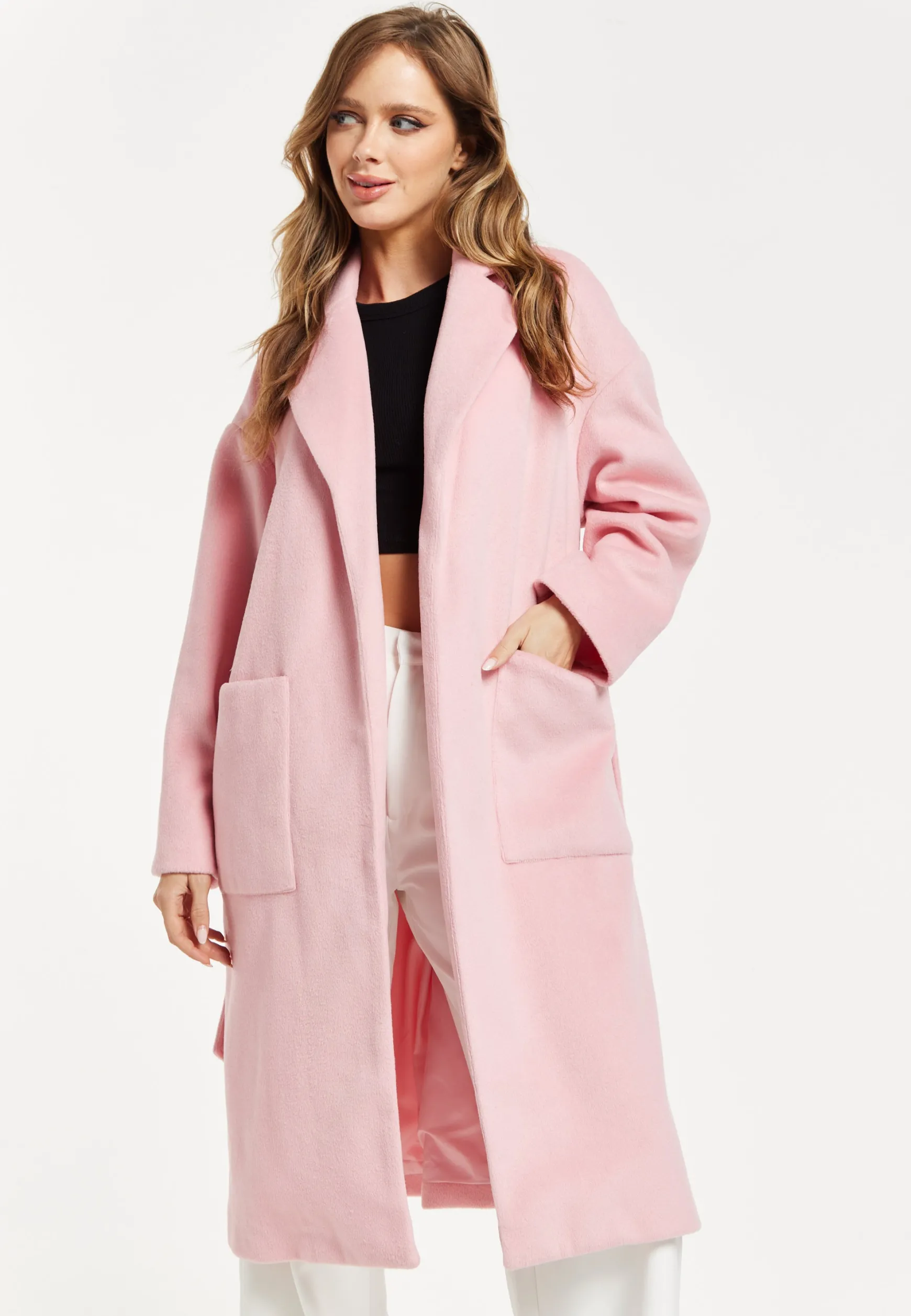 Women’s Pink Longline Coat with Notch Collar and Tie Waist – Relaxed Fit, Side Pockets, Fits Large to Size, Liquorish