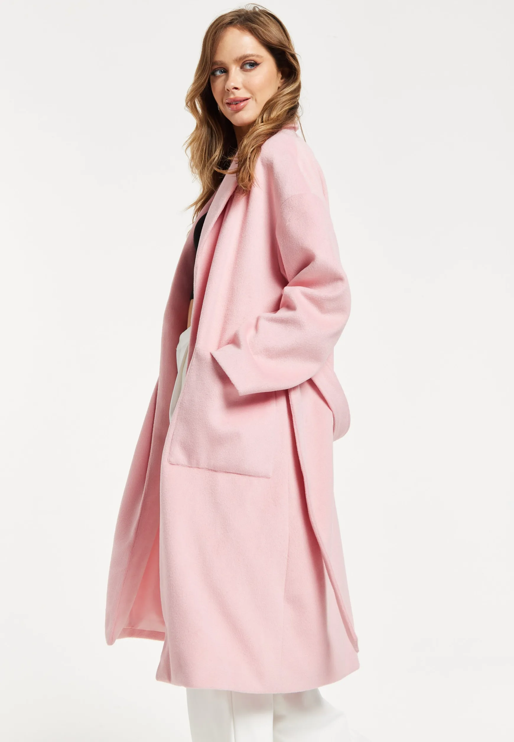 Women’s Pink Longline Coat with Notch Collar and Tie Waist – Relaxed Fit, Side Pockets, Fits Large to Size, Liquorish