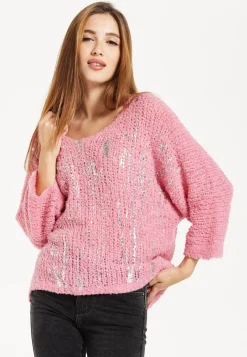 Women's Pink Loose Knit Jumper with Wide Sleeves and Metallic Detail