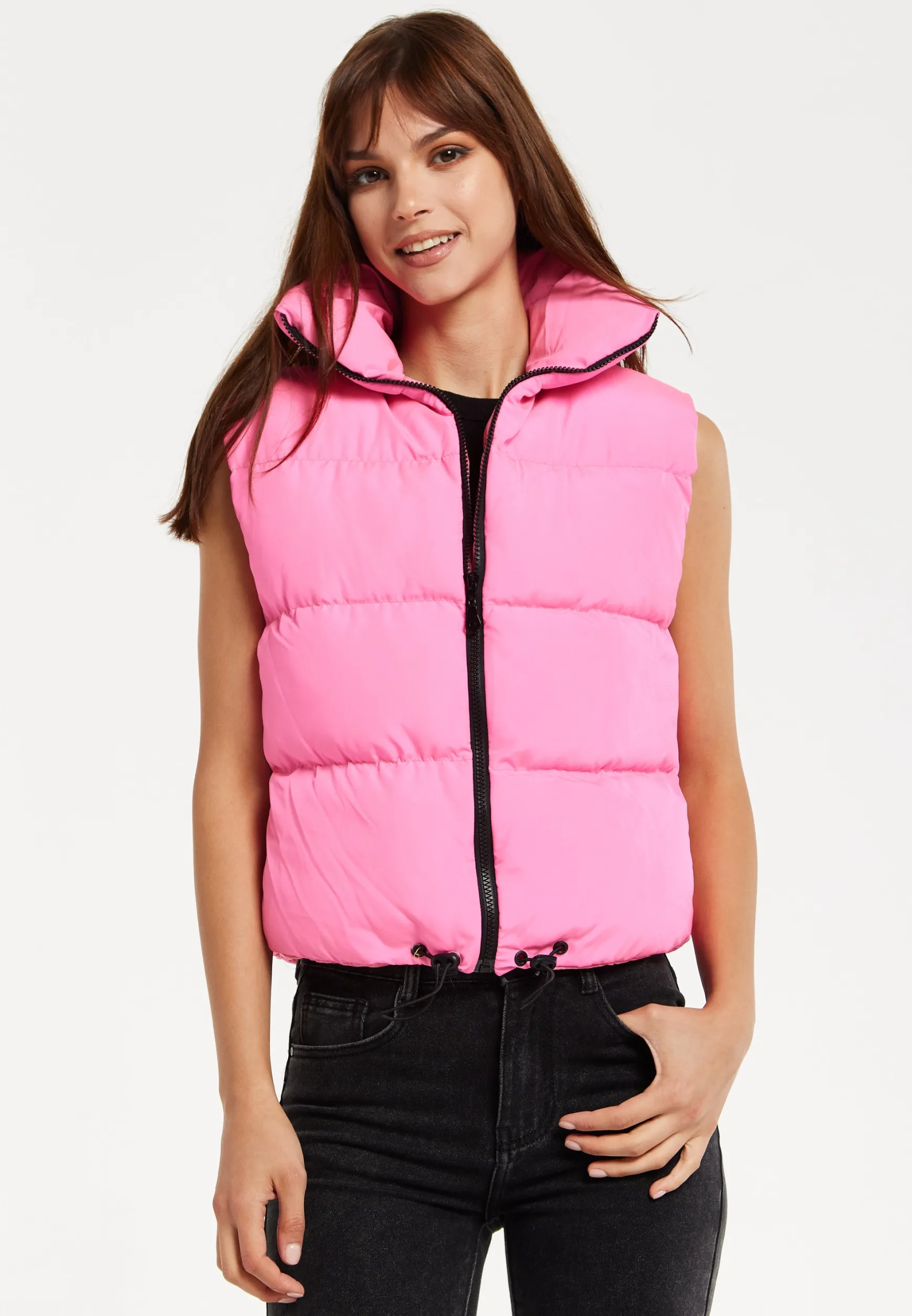Women's Pink Puffer Vest with Drawstring Hem and High Collar for Cozy Layering