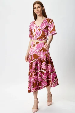 Women's Purple Floral Asymmetric Pleated Midi Skirt with High Waist - Regular Fit, 100% Polyester, Liquorish