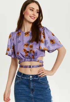 Women's Purple Floral Crop Top With Tie Detail and Short Sleeves