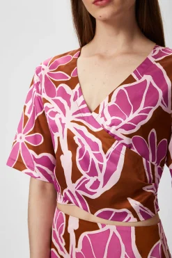 Women's Purple Floral Short Sleeve Top with Crossover Front and V Neck - Regular Fit, True to Size, 100% Polyester